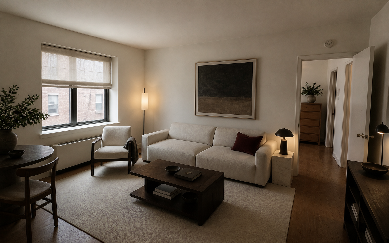 Warm contemporary living room generated from a real room photo