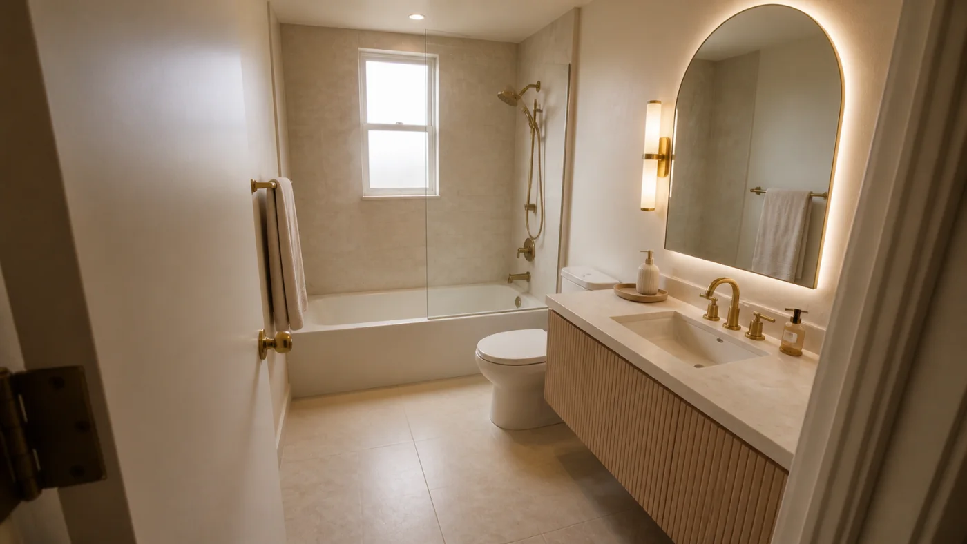 Before and after comparison of a compact bathroom and a warm stone and oak redesign