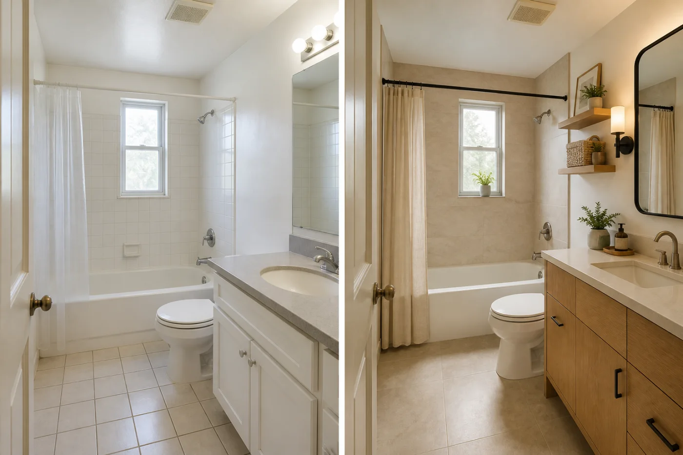 Before and after comparison of a compact bathroom and a warm stone and oak redesign