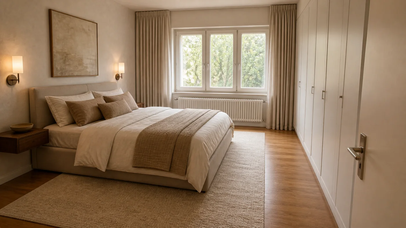 Before and after comparison of a plain bedroom and a polished AI bedroom redesign