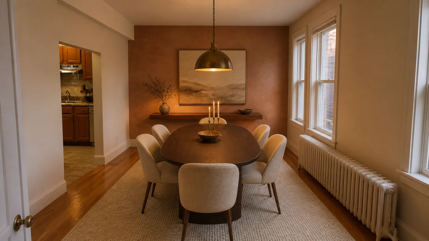 Before and after comparison of a mismatched dining room and a warm oval-table redesign