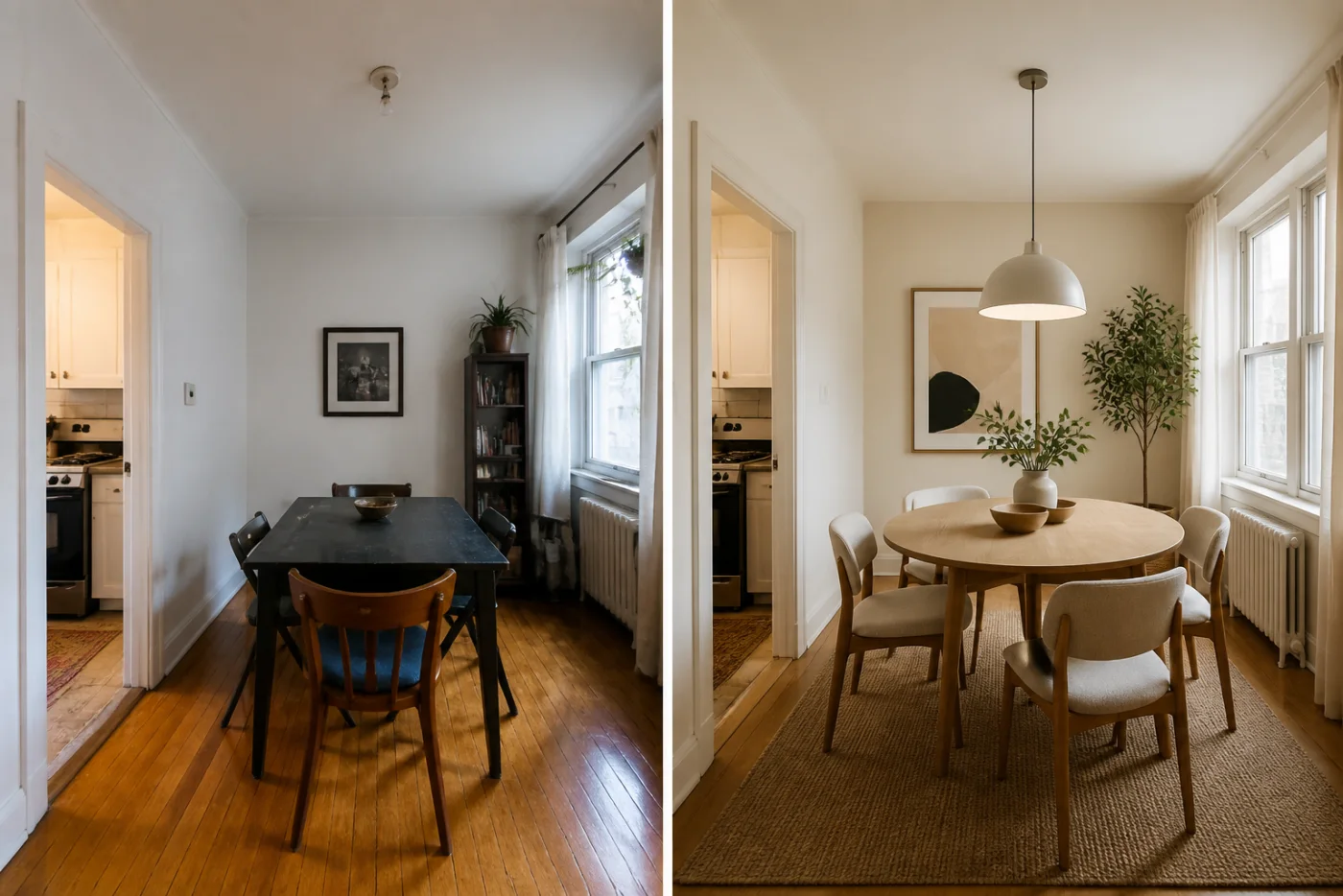 Before and after comparison of a mismatched dining room and a warm oval-table redesign