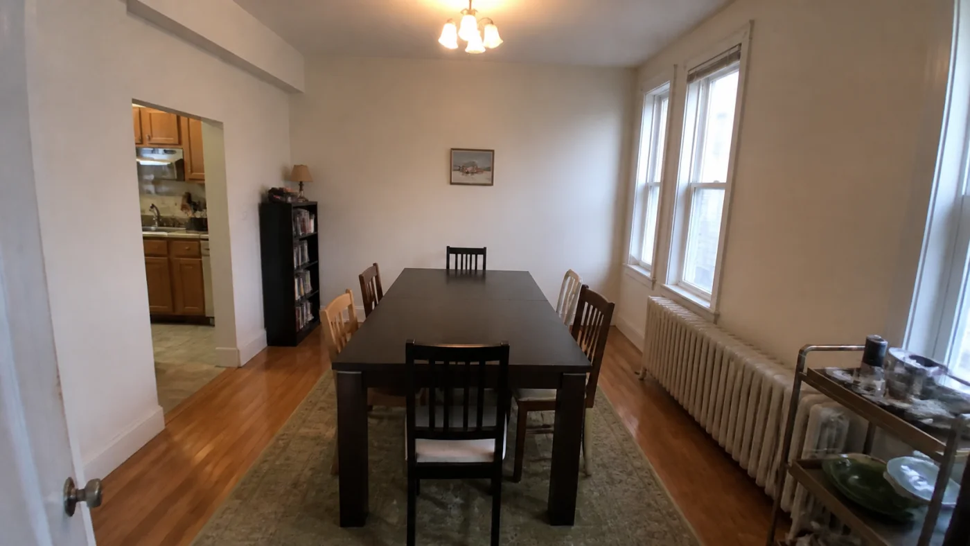 Before: Before and after comparison of a mismatched dining room and a warm oval-table redesign
