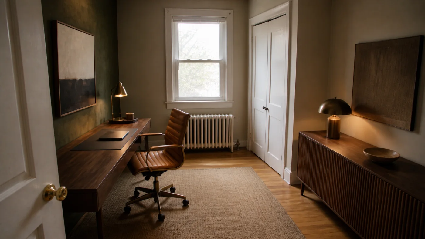 Before and after comparison of a spare room changed into a practical warm home office