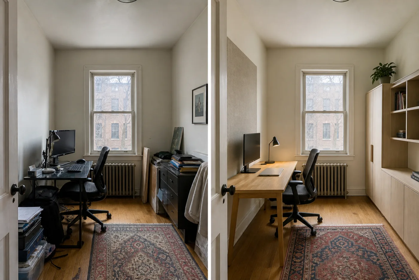 Before and after comparison of a spare room changed into a practical warm home office