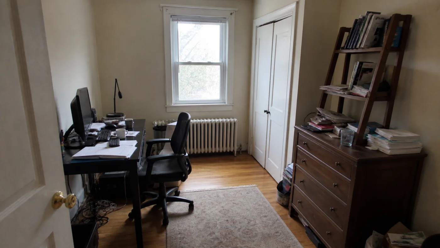 Before: Before and after comparison of a spare room changed into a practical warm home office