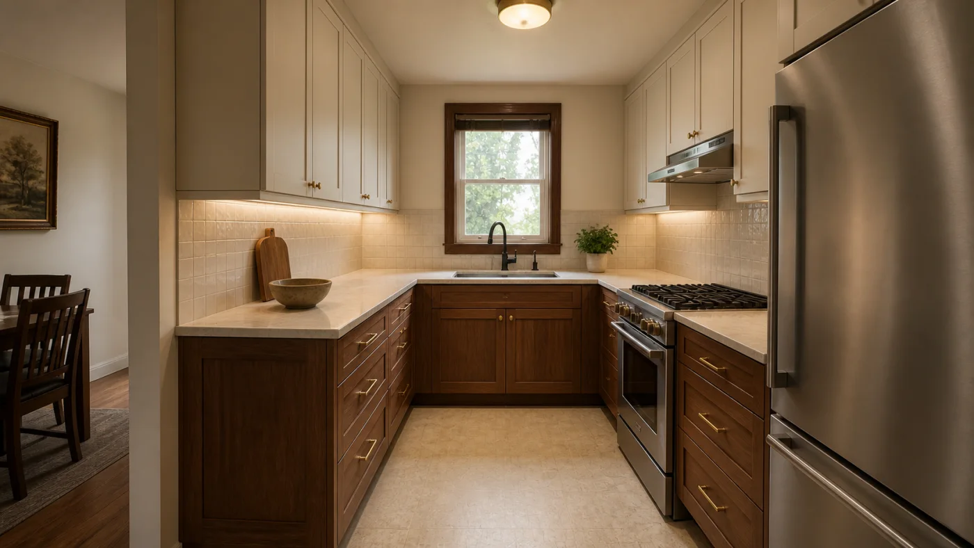Warm oak kitchen concept representing Interizo room-specific AI design guides
