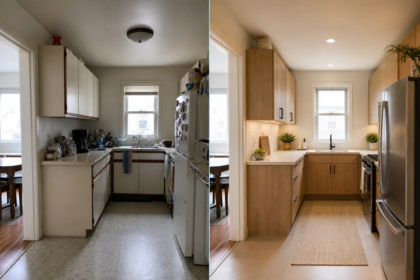 Before and after comparison of a dated kitchen and a warm oak AI kitchen redesign
