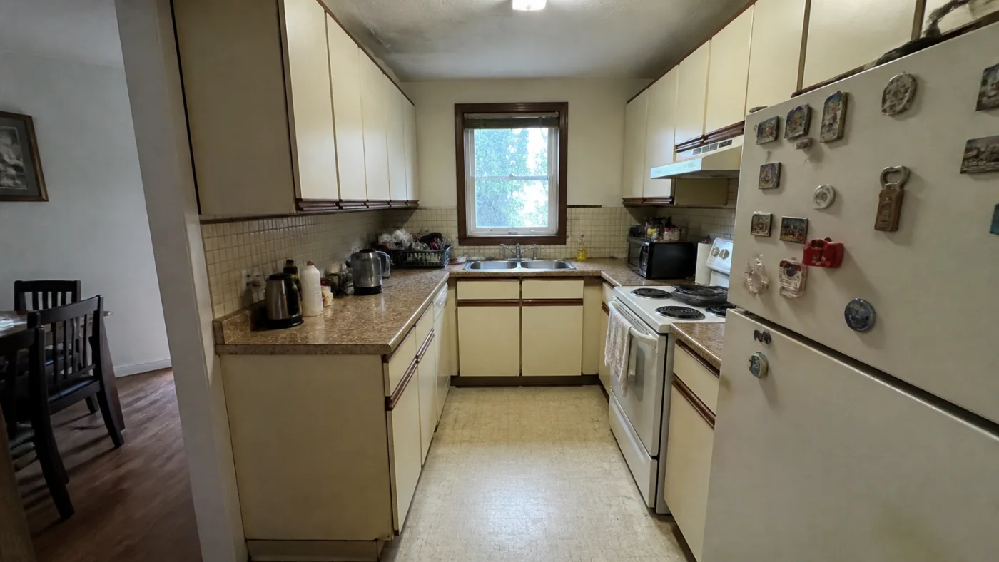 Before: Before and after comparison of a dated kitchen and a warm oak AI kitchen redesign