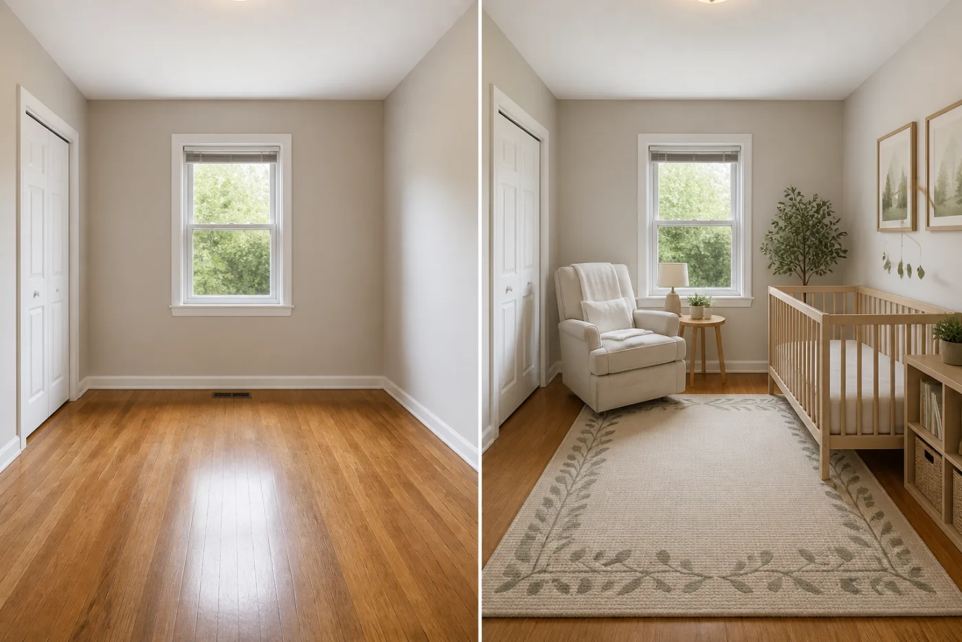 Before and after comparison of an empty spare room and a calm neutral nursery concept