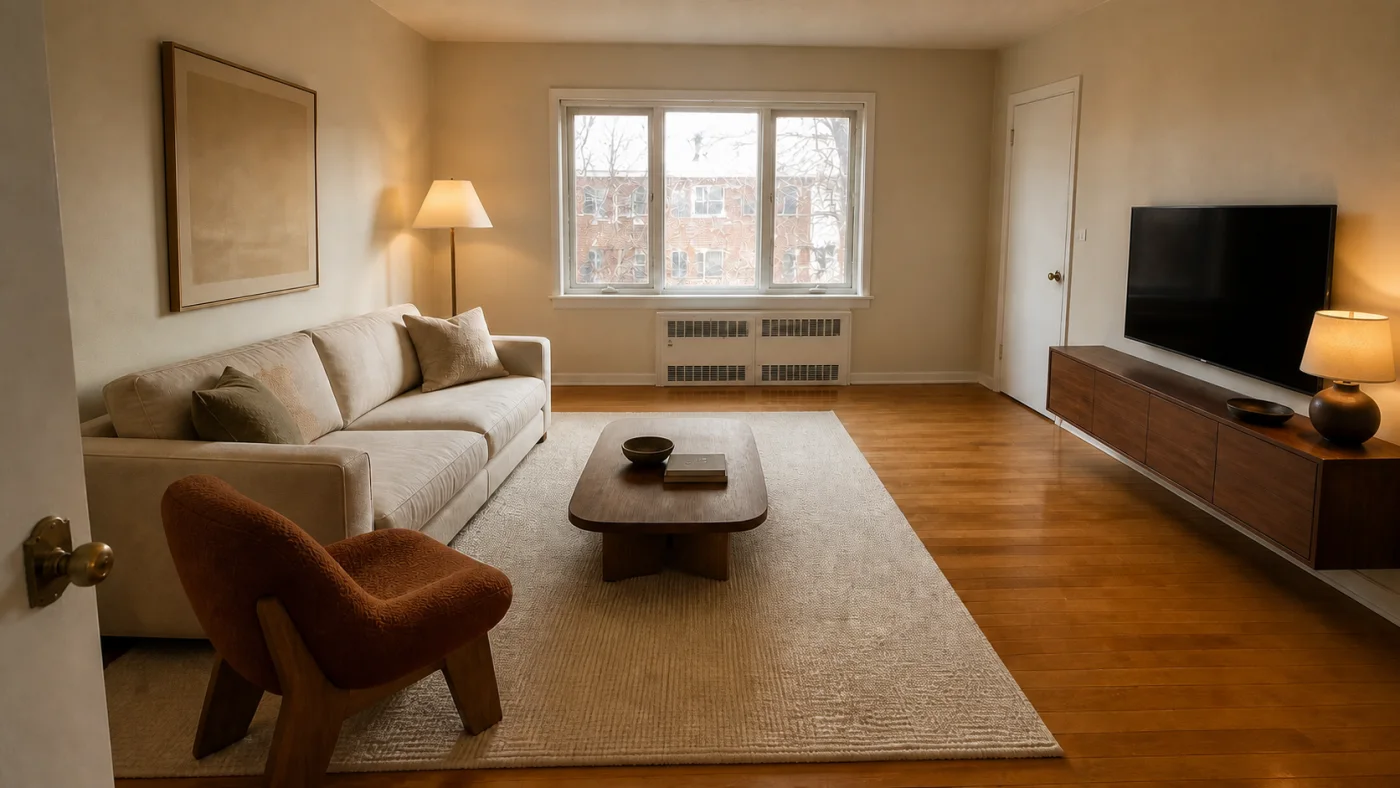 Credible before and after living-room comparison with unchanged architecture and open walking paths