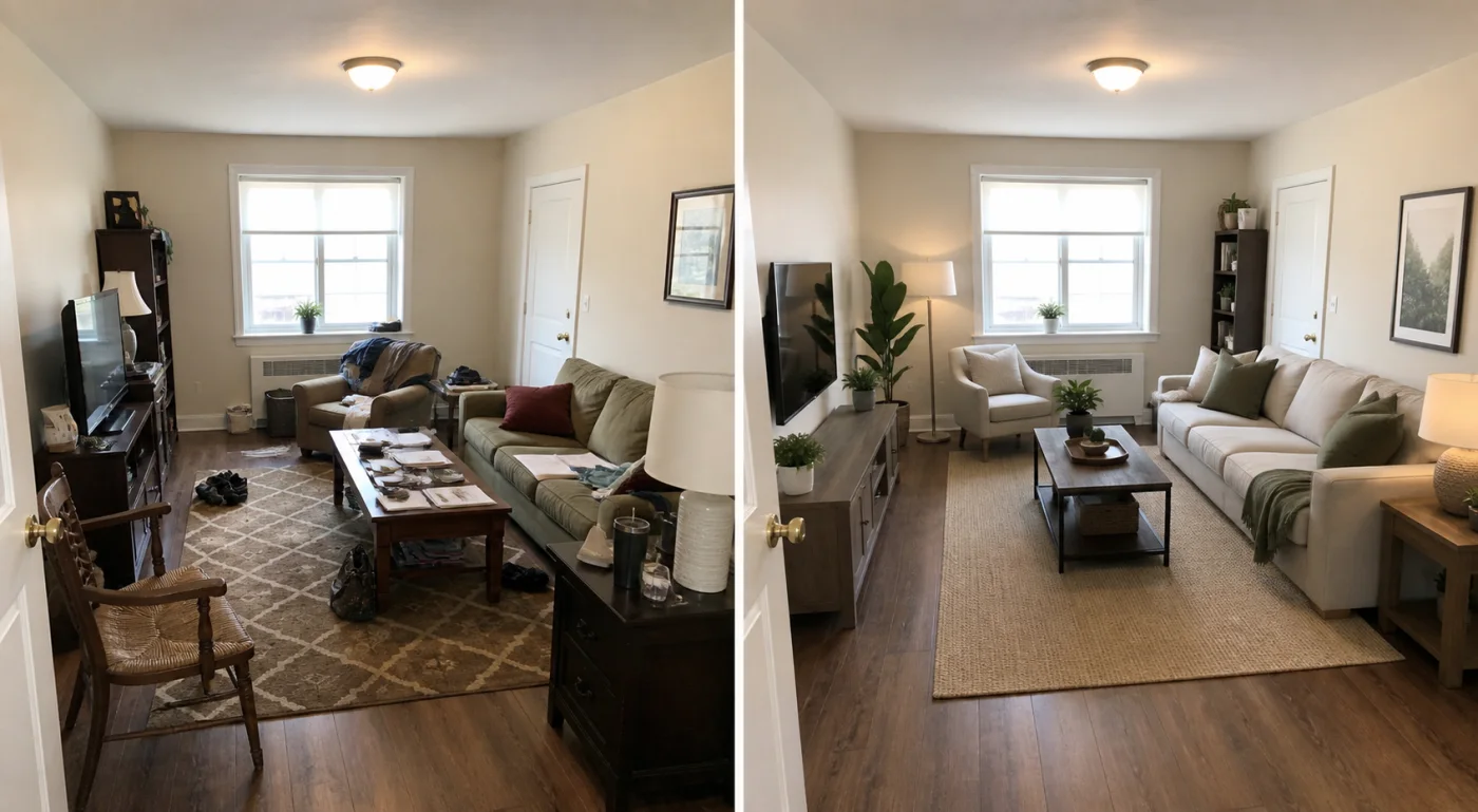 Credible before and after living-room comparison with unchanged architecture and open walking paths