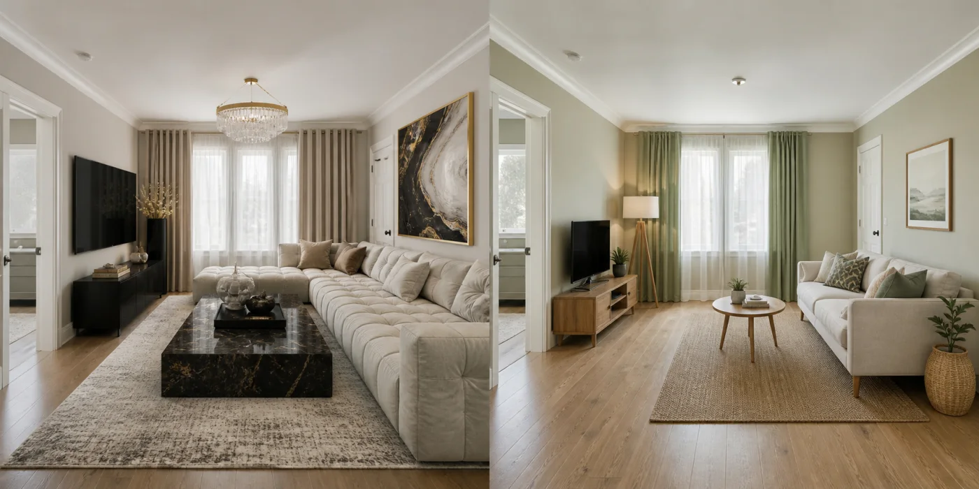 Comparison of an over-ambitious luxury room and a believable mid-budget redesign
