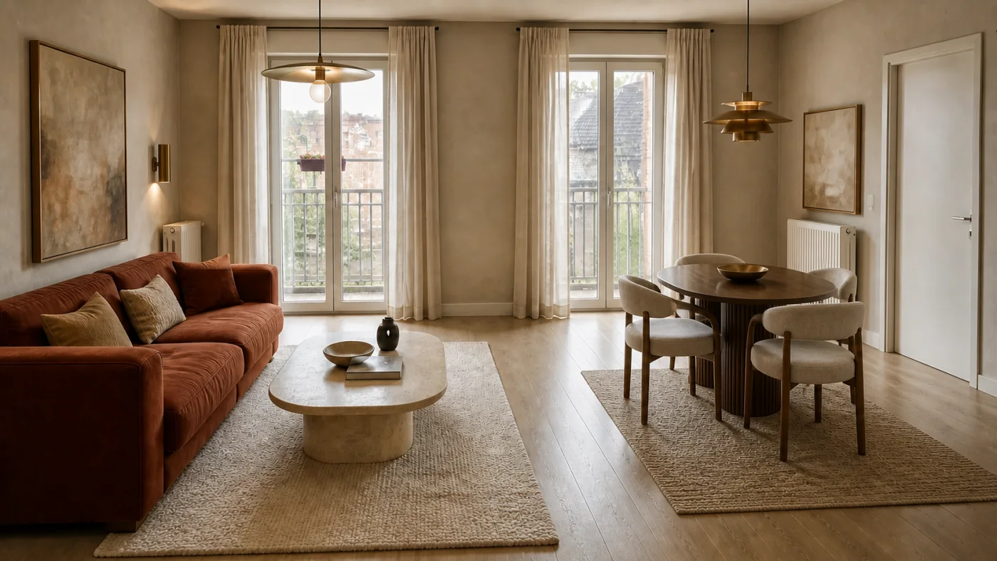 Before and after room comparison with major furniture positions and architecture preserved