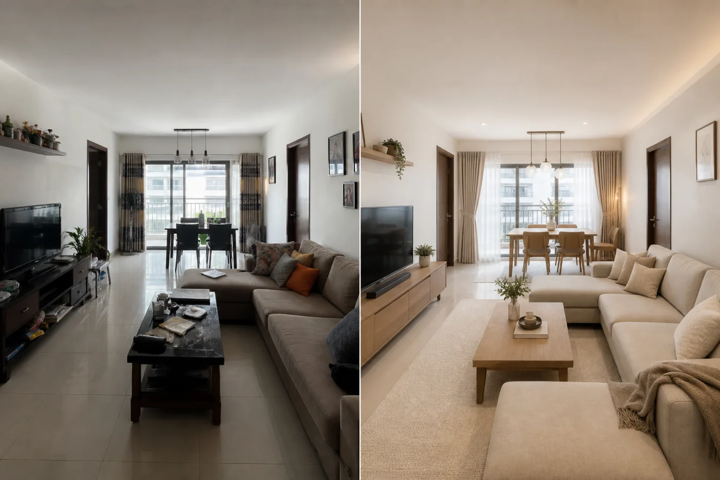 Before and after room comparison with major furniture positions and architecture preserved