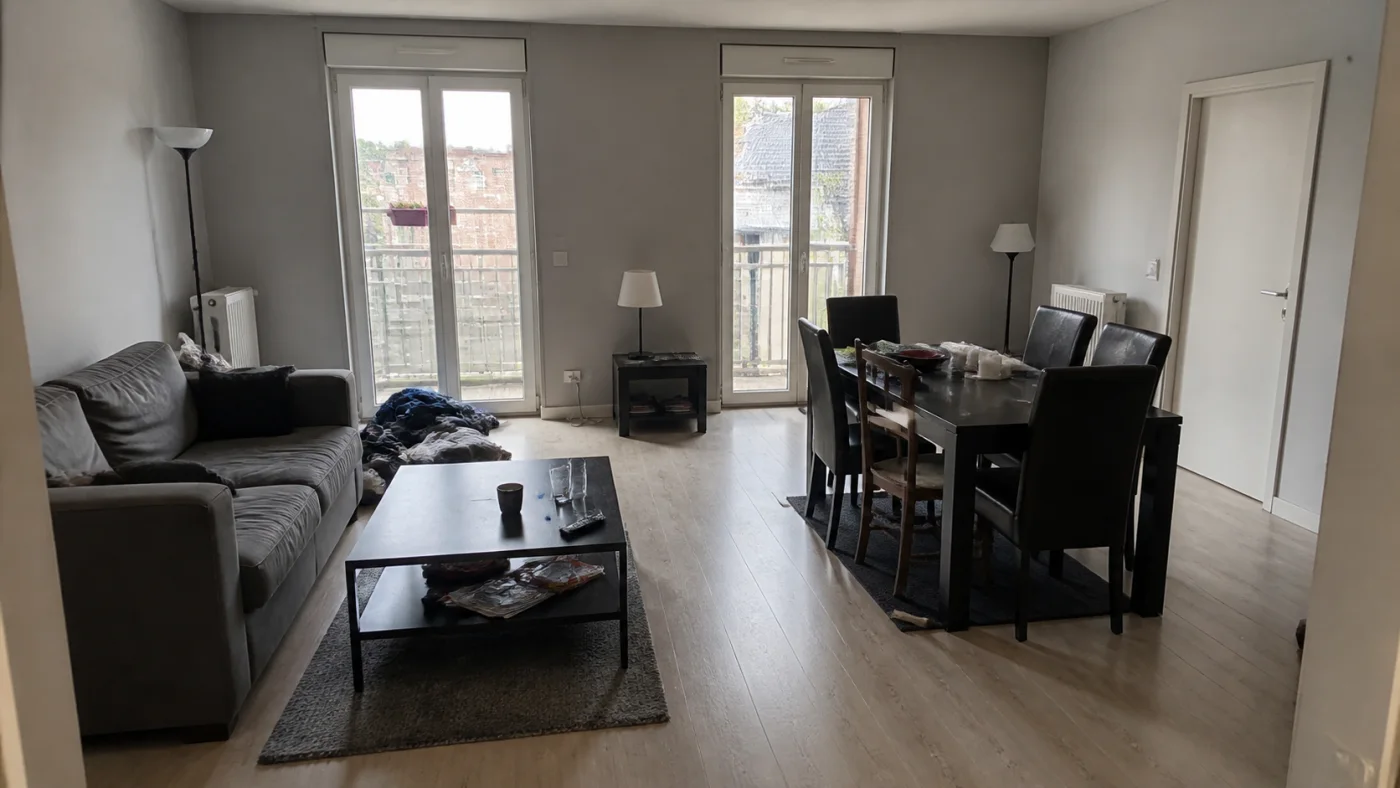 Before: Before and after room comparison with major furniture positions and architecture preserved
