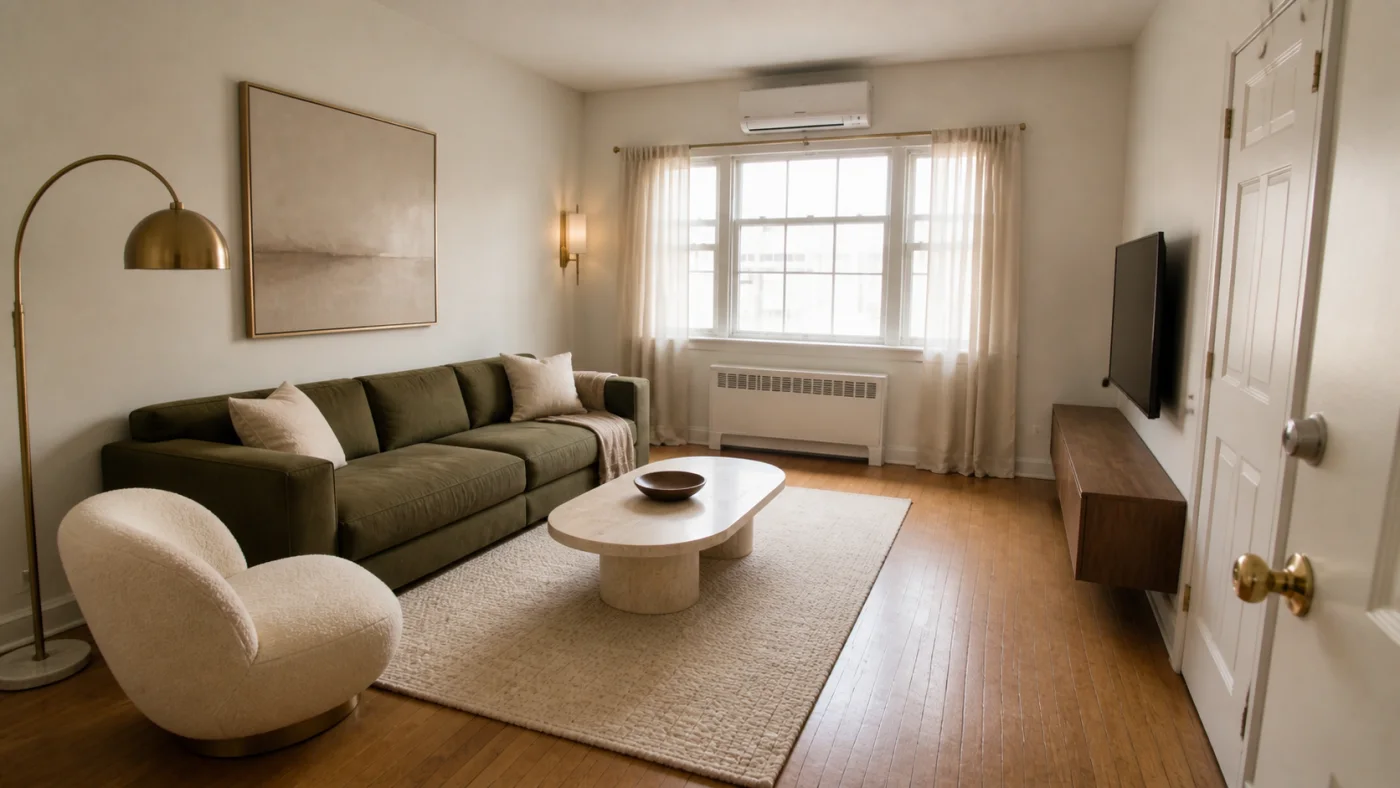 Before and after comparison of a compact rental living room with a practical renter-friendly redesign