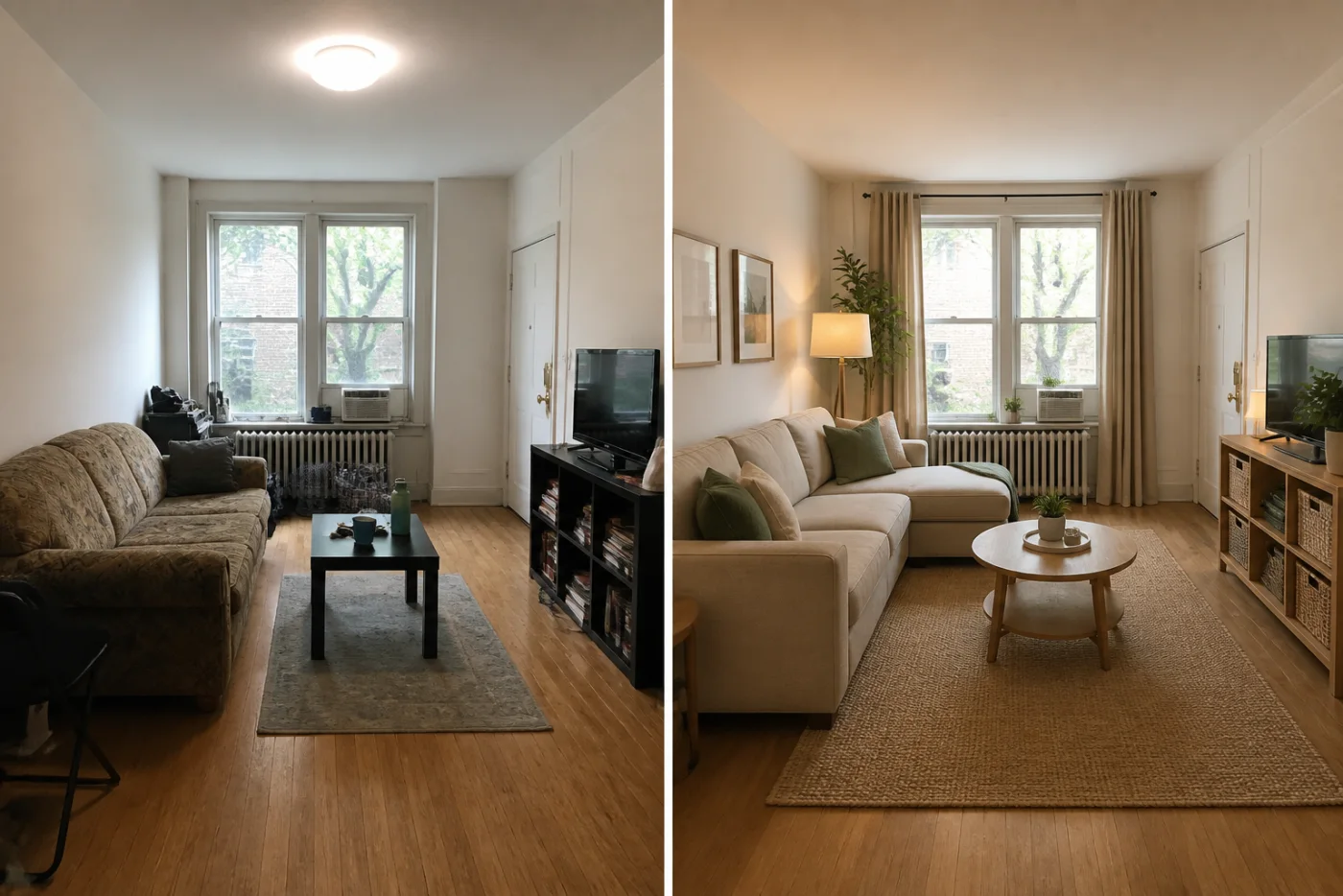Before and after comparison of a compact rental living room with a practical renter-friendly redesign