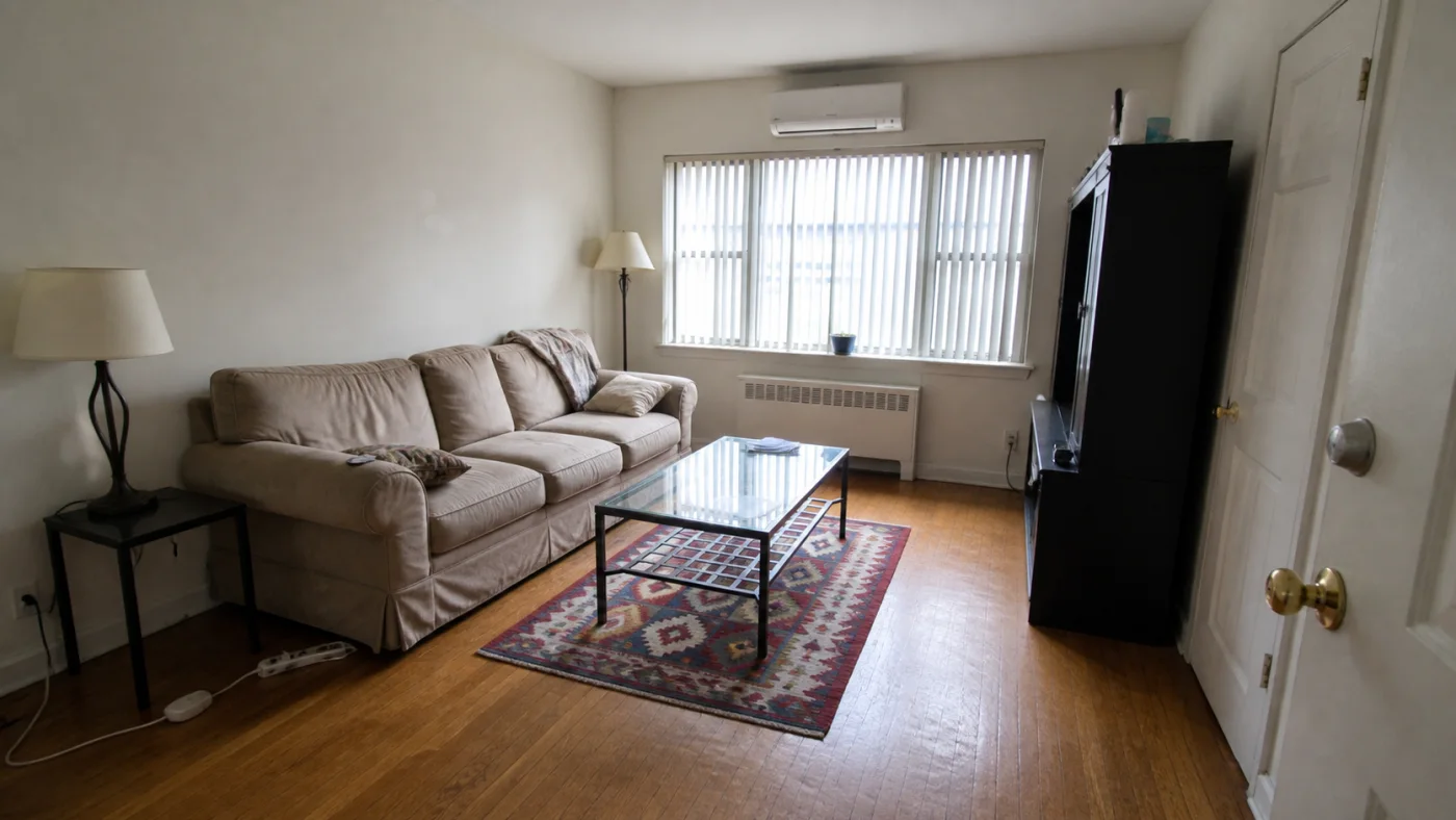 Before: Before and after comparison of a compact rental living room with a practical renter-friendly redesign