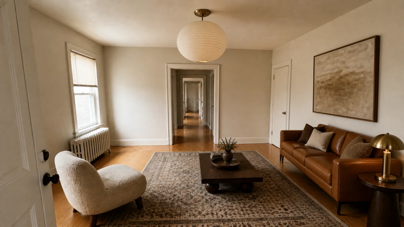 Before and after comparison of an empty apartment room furnished with clear door circulation