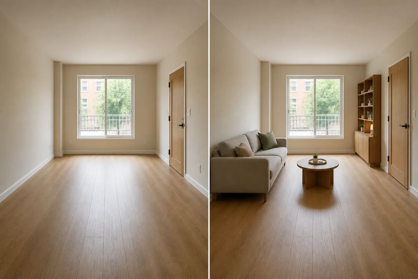 Before and after comparison of an empty apartment room furnished with clear door circulation