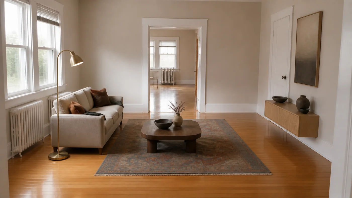 Before and after room redesign showing related but not identical sofa, rug, table and lamp categories