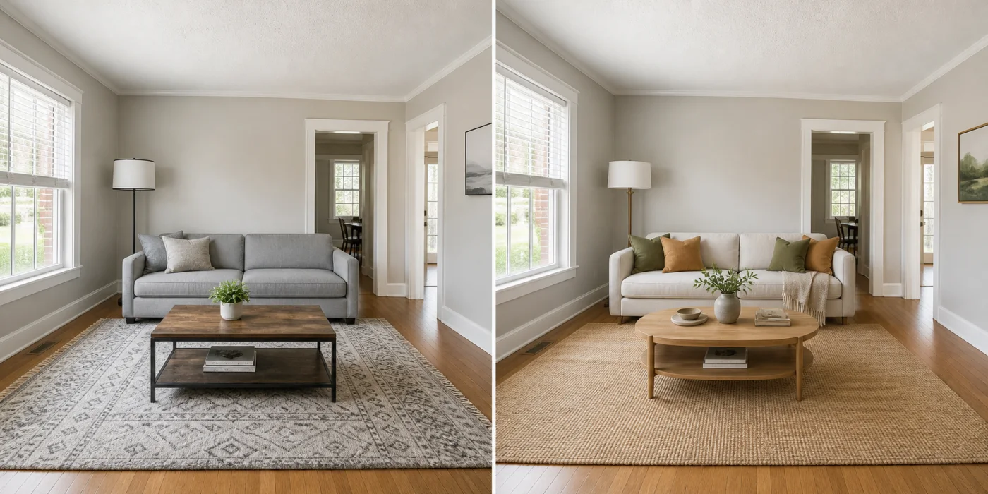 Split room image showing related but not identical sofa, rug, table and lamp categories