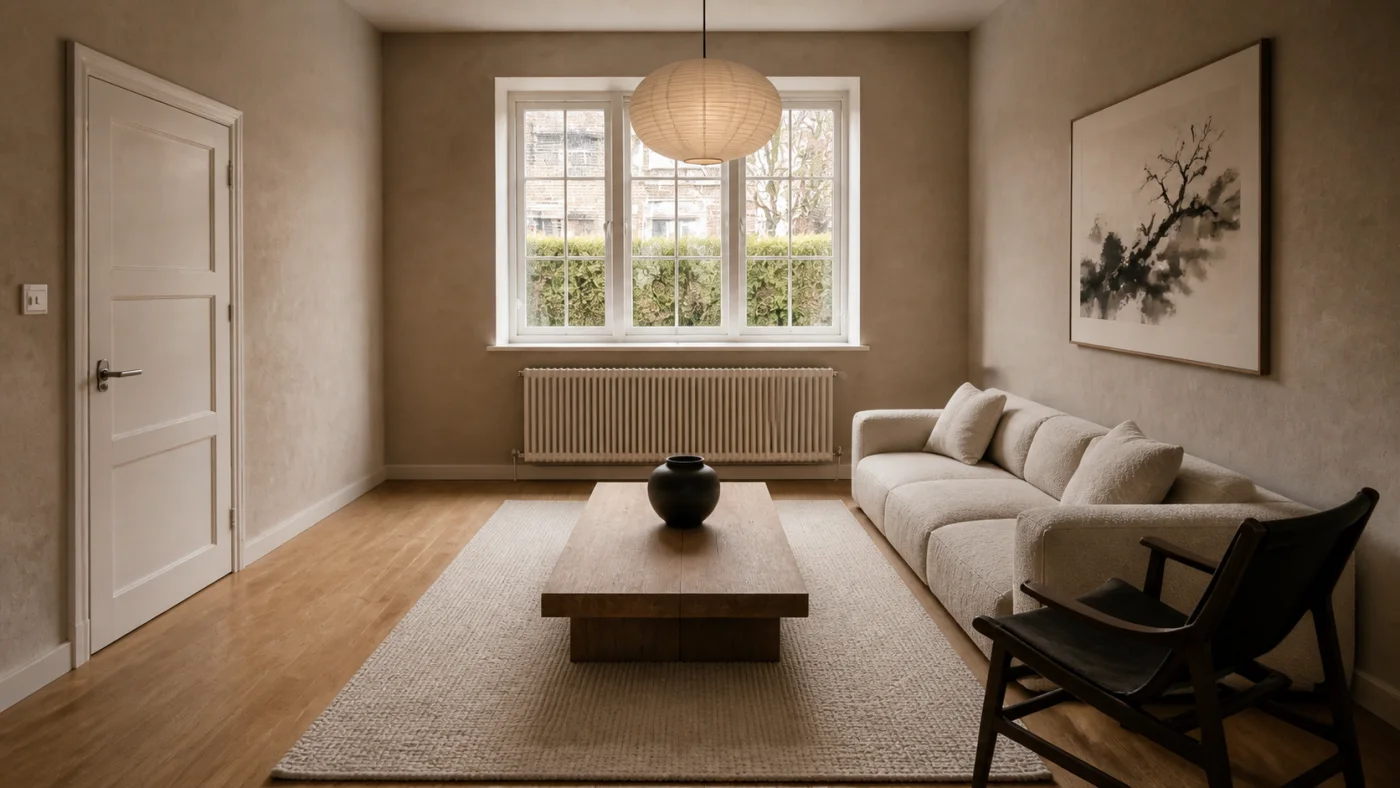 Before and after comparison of a cluttered room and an uncluttered Japandi concept with a clear doorway