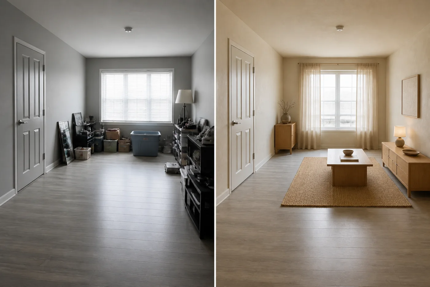 Before and after comparison of a cluttered room and an uncluttered Japandi concept with a clear doorway