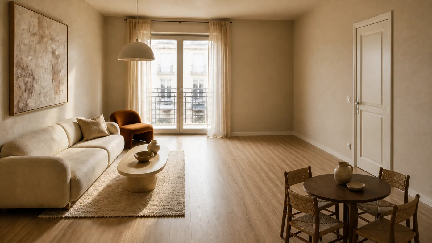 Before and after comparison of a cool grey living dining room and a warm contemporary Mediterranean redesign