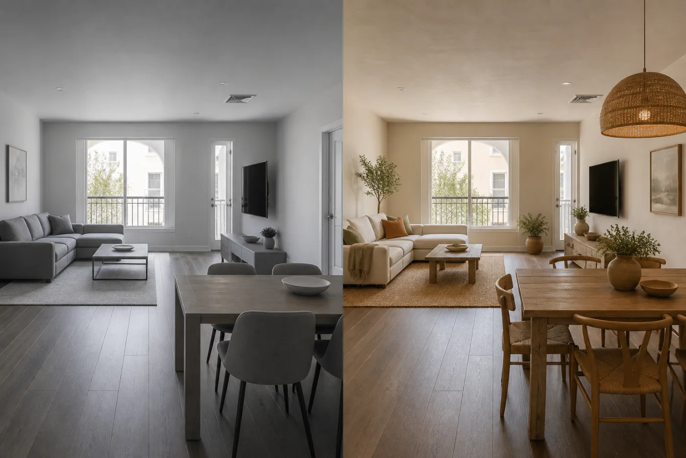 Before and after comparison of a cool grey living dining room and a warm contemporary Mediterranean redesign