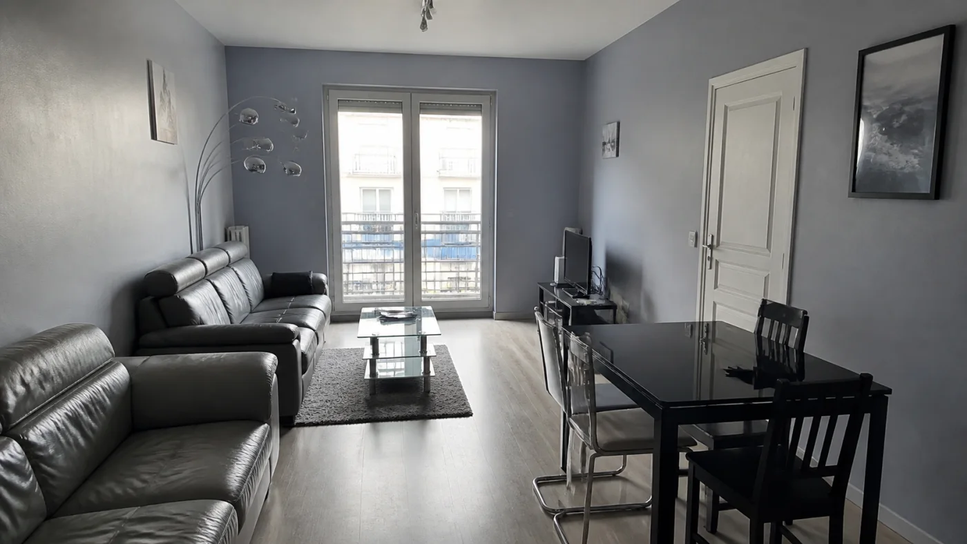 Before: Before and after comparison of a cool grey living dining room and a warm contemporary Mediterranean redesign