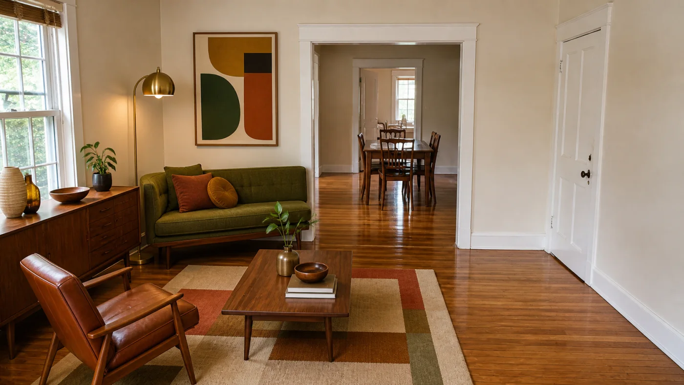 Before and after comparison of an ordinary living room and a restrained mid-century modern redesign