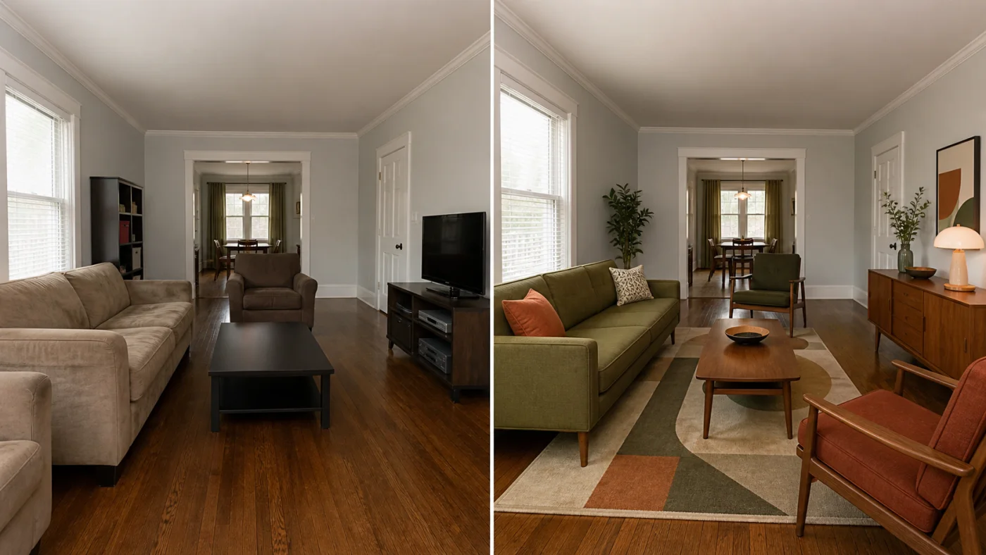 Before and after comparison of an ordinary living room and a restrained mid-century modern redesign