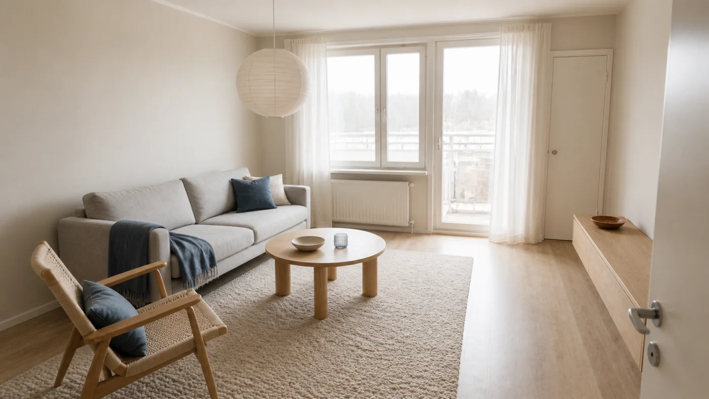 Before and after comparison of a dark living room and a bright functional Scandinavian redesign