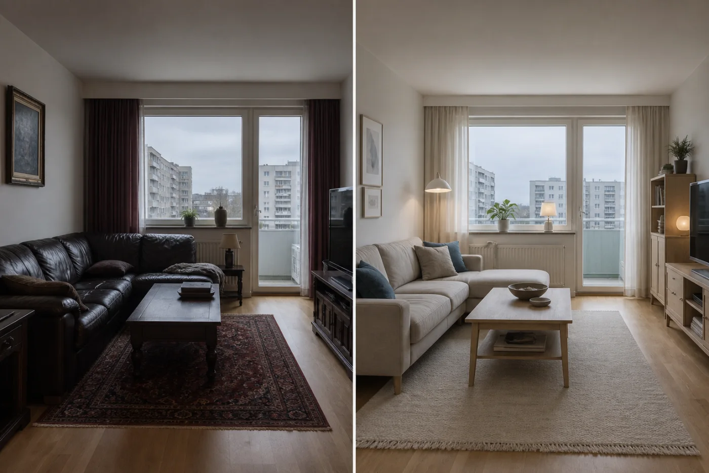 Before and after comparison of a dark living room and a bright functional Scandinavian redesign