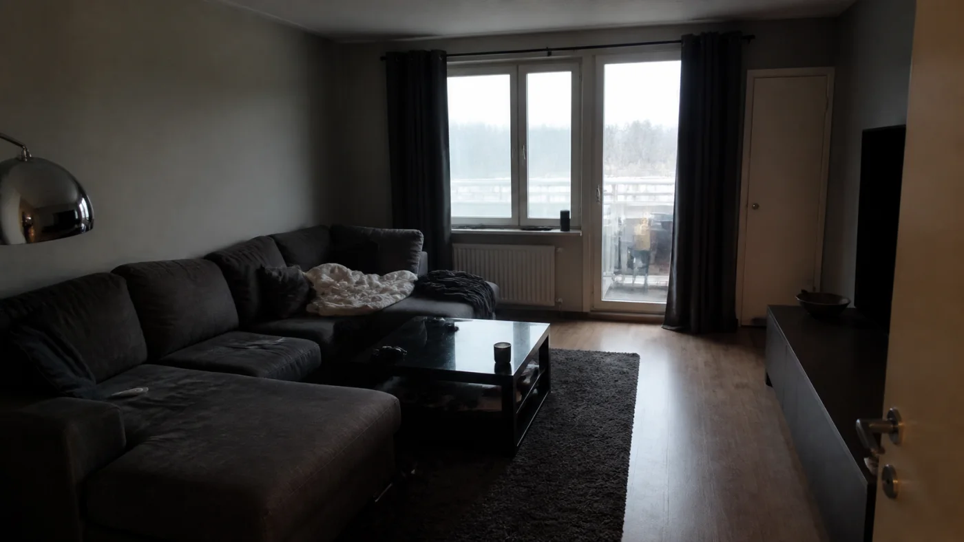 Before: Before and after comparison of a dark living room and a bright functional Scandinavian redesign