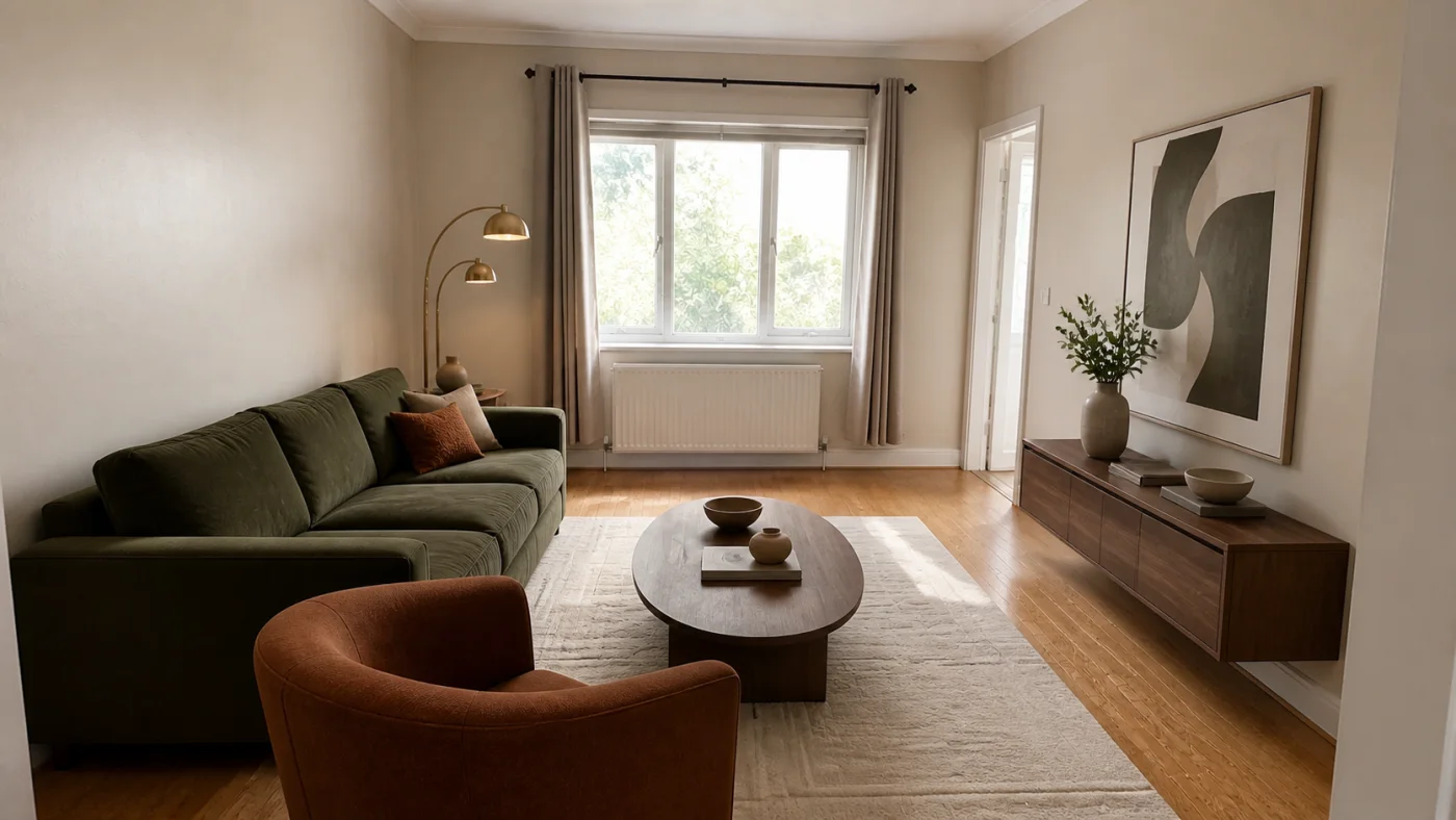 Before and after room comparison showing six clearly readable furniture categories in a coordinated design