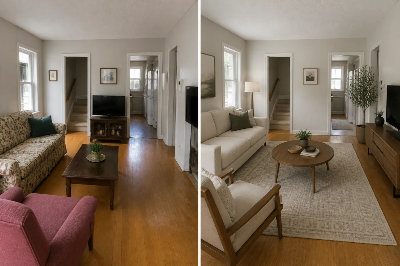 Before and after room comparison showing six clearly readable furniture categories in a coordinated design