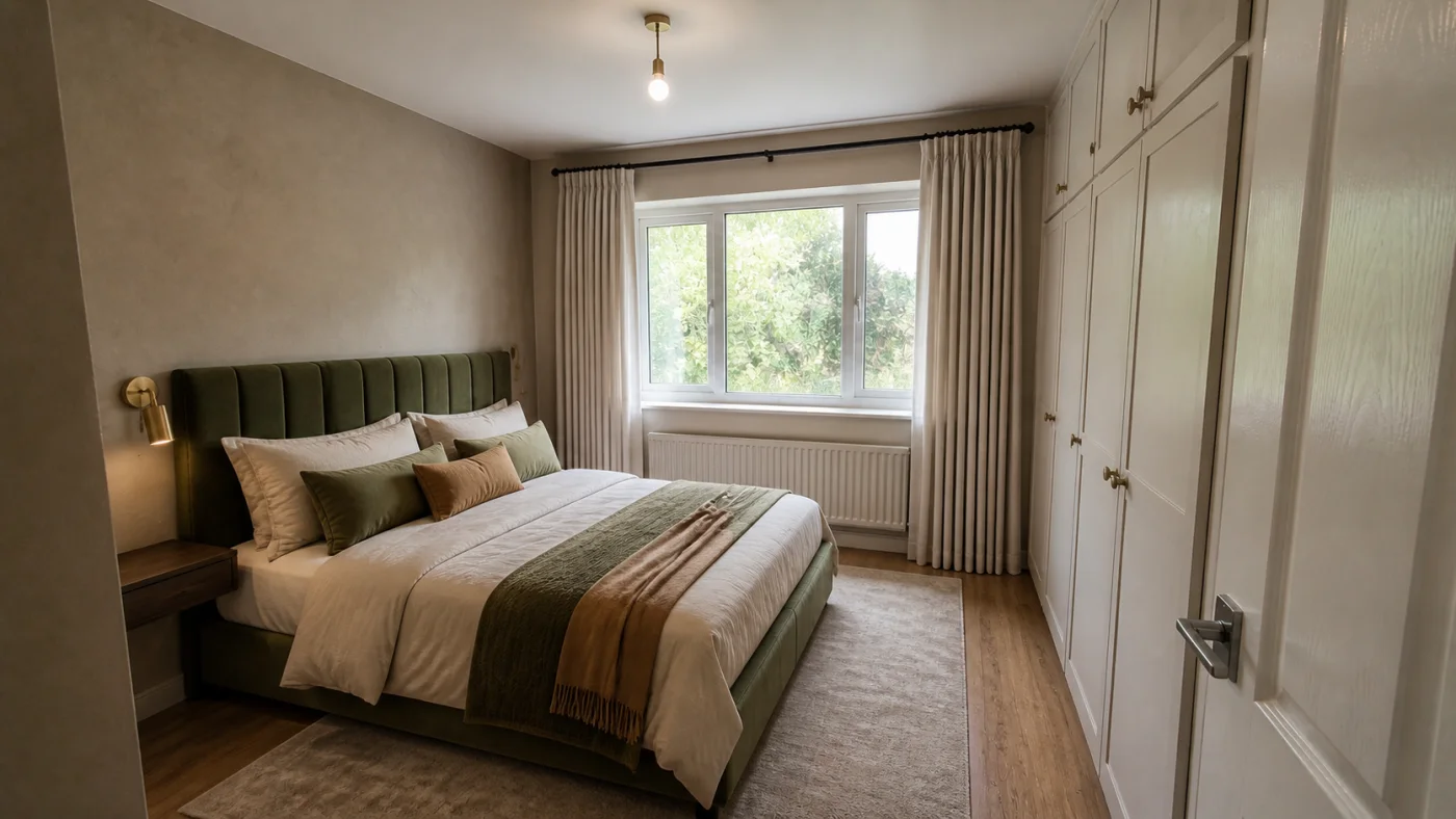 Before and after comparison of a cramped small bedroom with compact storage and clear circulation
