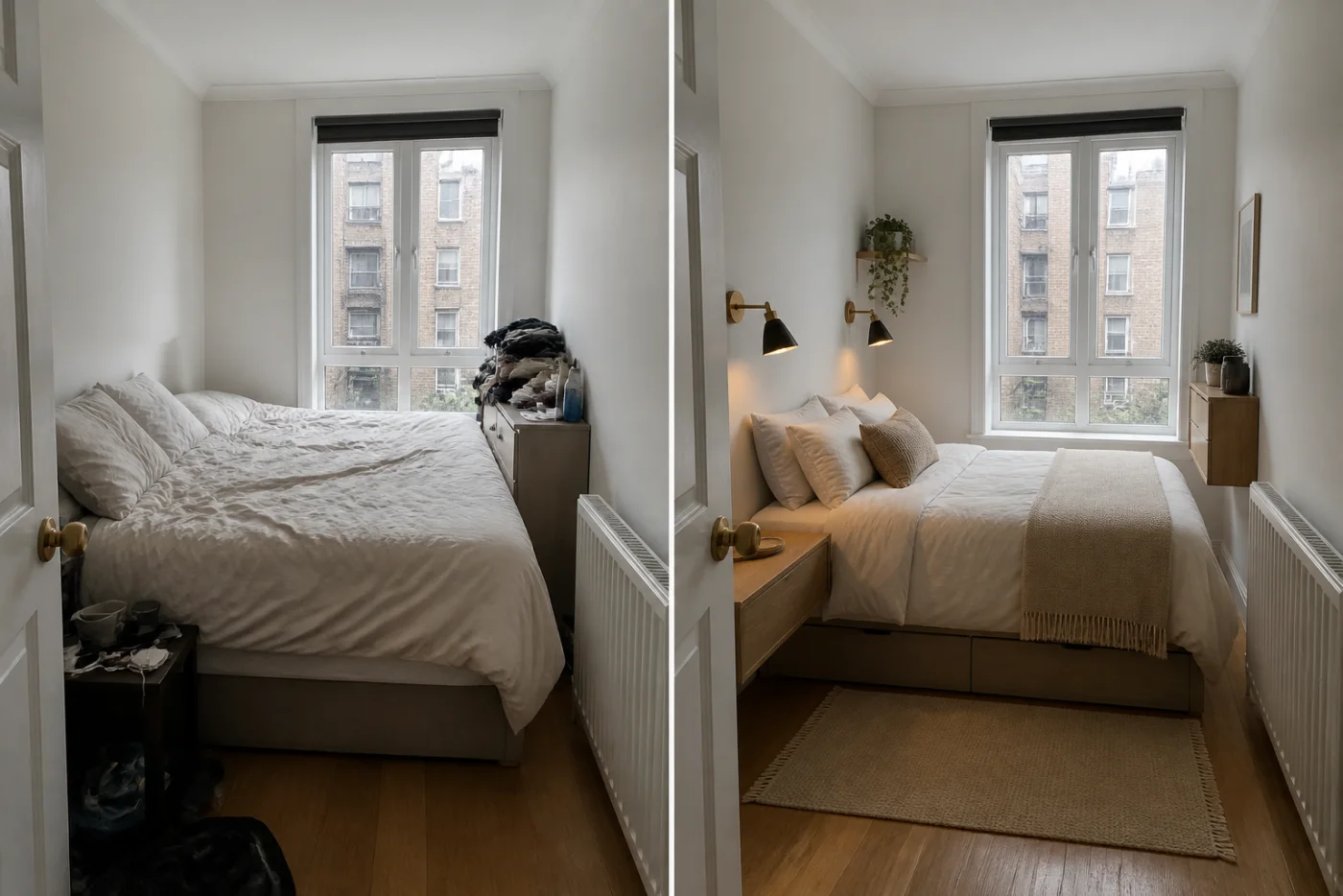 Before and after comparison of a cramped small bedroom with compact storage and clear circulation