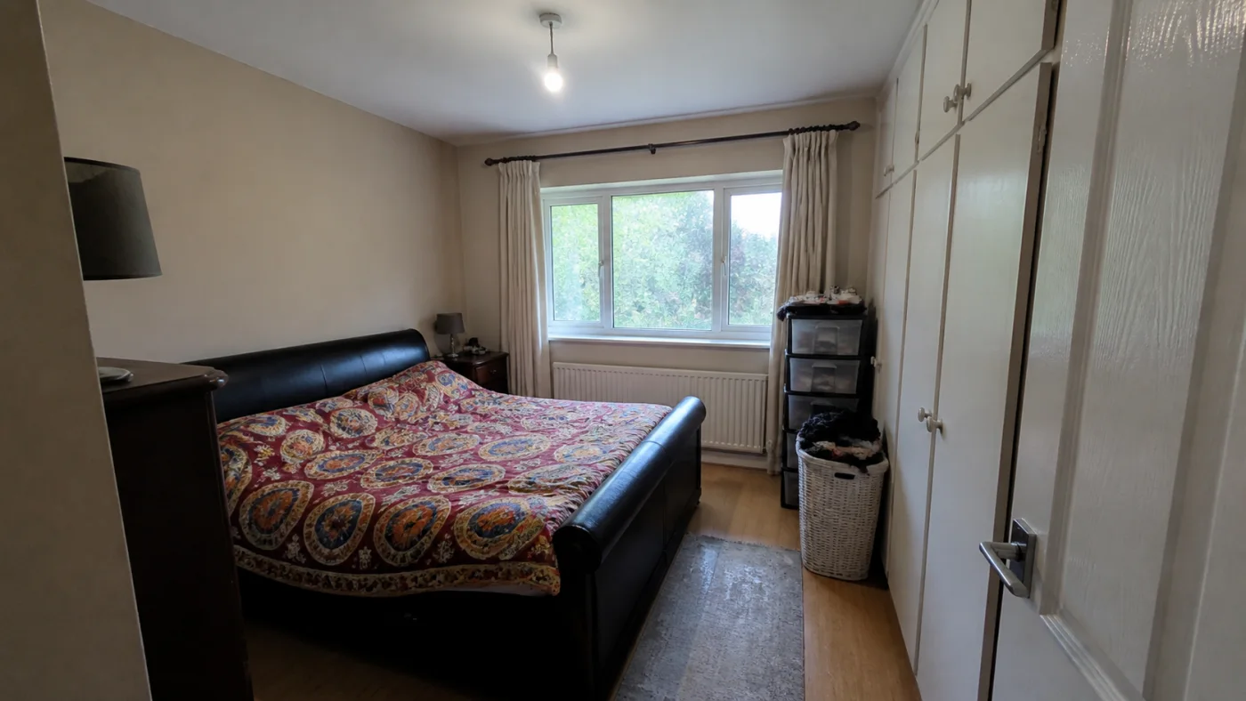 Before: Before and after comparison of a cramped small bedroom with compact storage and clear circulation