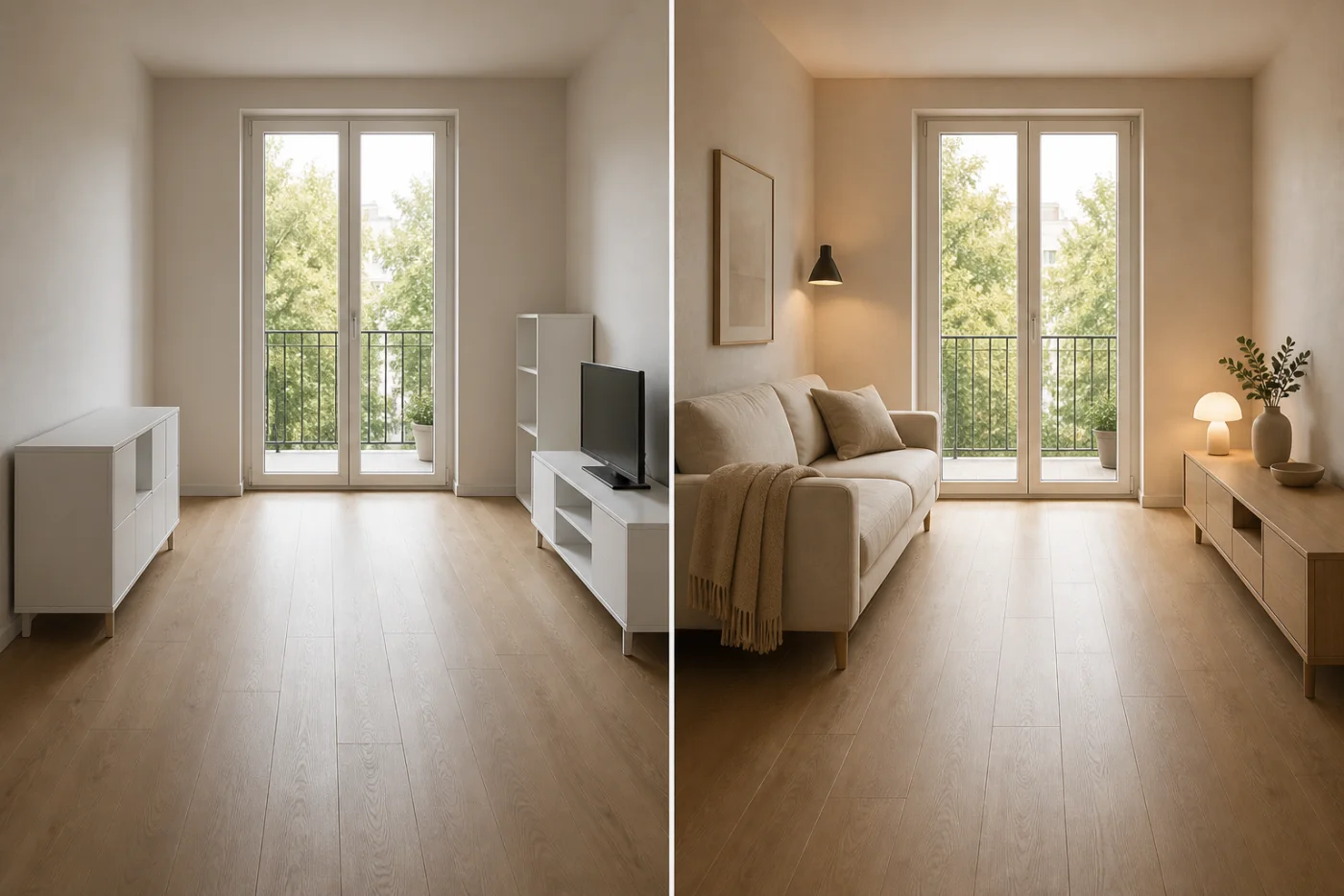 Before and after warm minimal room comparison with an entirely clear route to the balcony doors