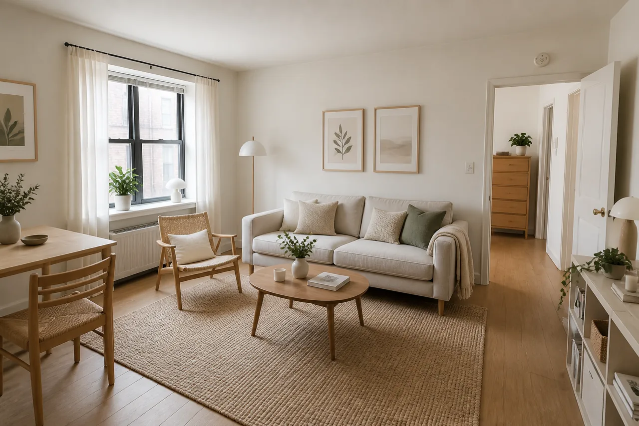 Scandinavian living room concept with practical furniture and soft light